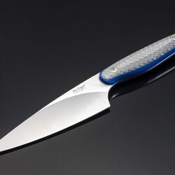 Stainless Chef knife with silver twill and blue G10