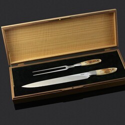 Mammoth Ivory and Stainless Steel Carving Set with wooden box open