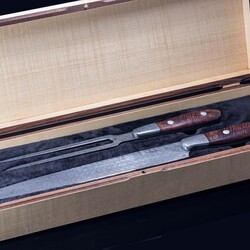 Raindrop Damascus and Premium Curly Koa Carving Set with display box