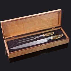 Stainless Damascus and Mammoth Ivory Carving Set open display box