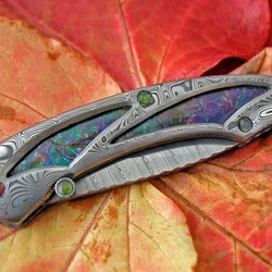 Ammonite and Stainless Damascus dress folding knife closed view