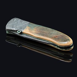 Green Toned Mammoth Ivory and Stainless Damascus Folding Knife closed view