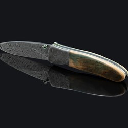 Green Toned Mammoth Ivory and Stainless Damascus Folding Knife profile view