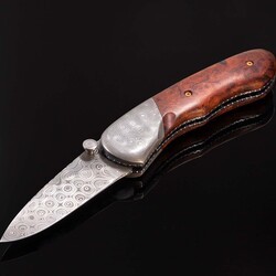Raindrop Damascus and Ironwood Burl Folder open view