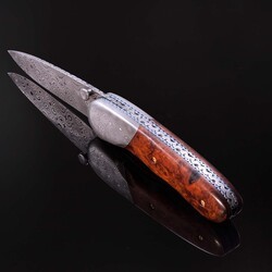 Raindrop Damascus and Ironwood Burl Folder side view