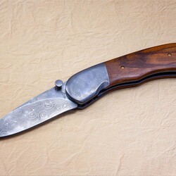 Stainless Damascus and Plum Wood Folding Knife main view