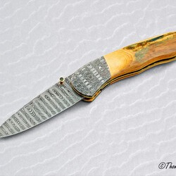Stainless Mosaic Damascus Folder with Mammoth Ivory Gold and Peridot main view