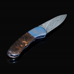 Textured titanium spalted maple and Damascus folder right view
