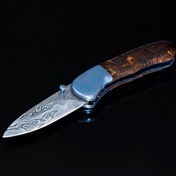 Textured titanium spalted maple and Damascus folder other view