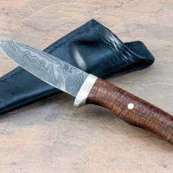 Aberdeen Damascus Hunter with Curly Koa Handle and Pearl Inlay and leather sheath