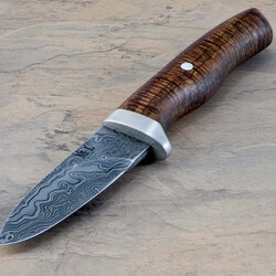Aberdeen Damascus Hunter with Curly Koa Handle and Pearl Inlay