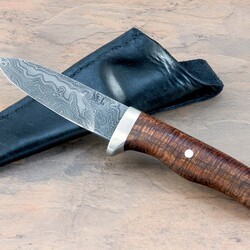 Aberdeen Damascus Hunter with Curly Koa Handle and Pearl Inlay with sheath