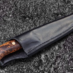 Begbie Damascus and Maple Burl Hunting Knife leather sheath