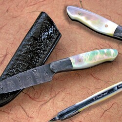 Damascus Bird and Trout Knife with Mother of Pearl multi view