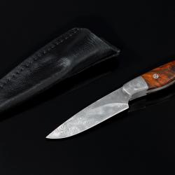 Raindrop Damascus Bird and Trout Knife with Desert Ironwood Handle with sheath