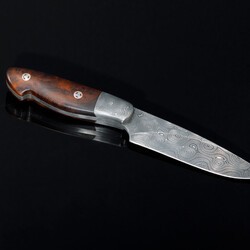 Raindrop Damascus Bird and Trout Knife with Desert Ironwood Handle offside view