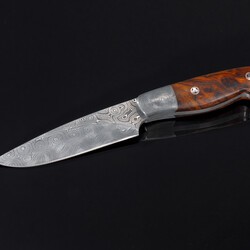 Raindrop Damascus Bird and Trout Knife with Desert Ironwood Handle