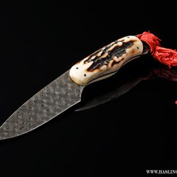 Raindrop Damascus Stag Handled Bird and Trout Knife with textured leather sheath main view