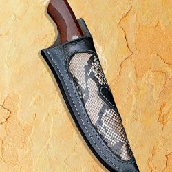 Snakewood Kernmantel Damascus Bowie with Python Sheath inserted
