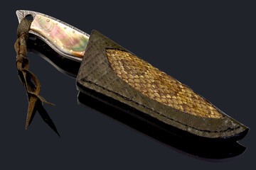 Black Lip Pearl and Damascus Dress Knife with Snake Sking Inlay Sheath
