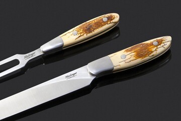 Mammoth Ivory and Stainless Steel Carving Set close up