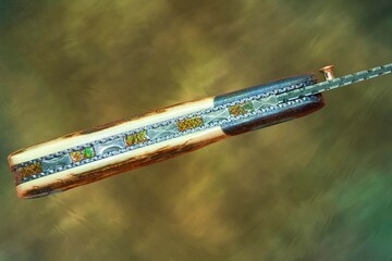 Campo de Cielo Meteorite and O1 Damascus Folder spine view with Ammonite Inlay
