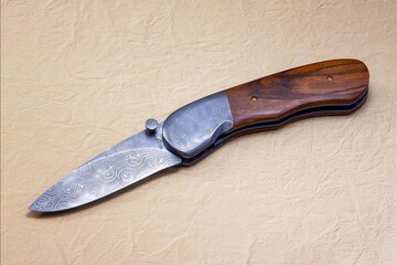 Stainless Damascus and Plum Wood Folding Knife main view