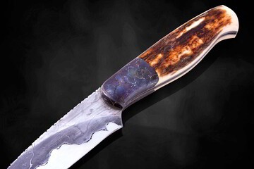 Campo de Cielo Meteorite and O1 Damascus Hunting Knife close up