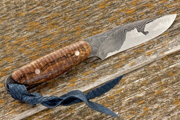 Kernmantel Damascus Bird and Trout Knife with spalted maple handle other view