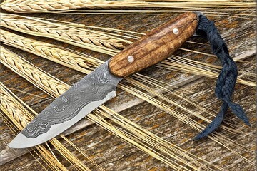 Kernmantel Damascus Bird and Trout Knife with spalted maple handle