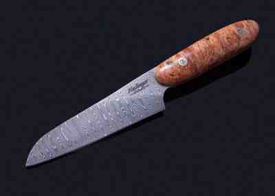 4" Santuko in Stainless Damascus with Maple Burl Handle