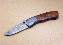 Stainless Damascus and Plum Wood Folding Knife main view