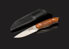 Brown Birdseye Maple Utility in CPM S35-VN with leather sheath