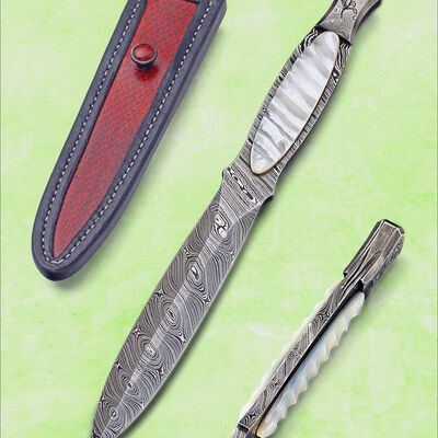 Engraved Twist Damascus Dagger Sculpted Mother of Pearl