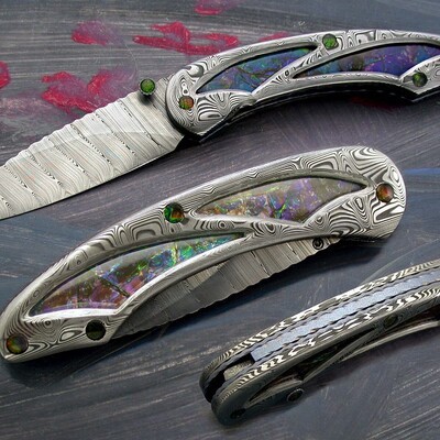 Ammonite and Stainless Damascus dress folding knife