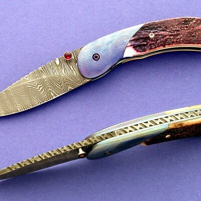 Carbon Damascus and Timascus and Ivory Folder multi view