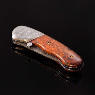 Raindrop Damascus and Ironwood Burl Folder closed view