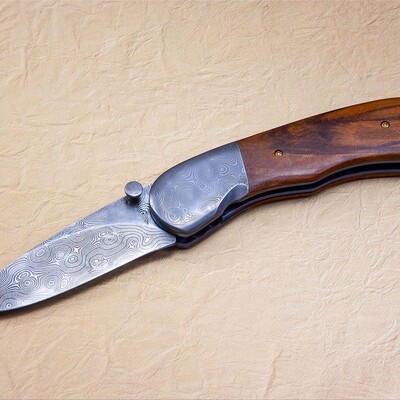 Stainless Damascus and Plum Wood Folding Knife main view