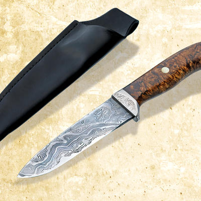 Begbie Damascus and Maple Burl Hunteing Knife with sheath