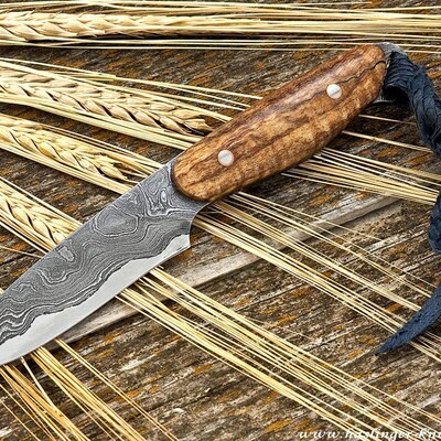 Kernmantel Damascus Bird and Trout Knife with spalted maple handle