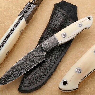 Walrus and Damascus Hunter Knife Engraved main view
