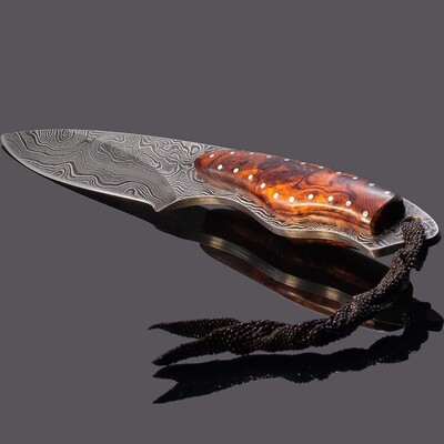 Desert Ironwood and Damascus Dress Knife with Sting Ray Sheath main view