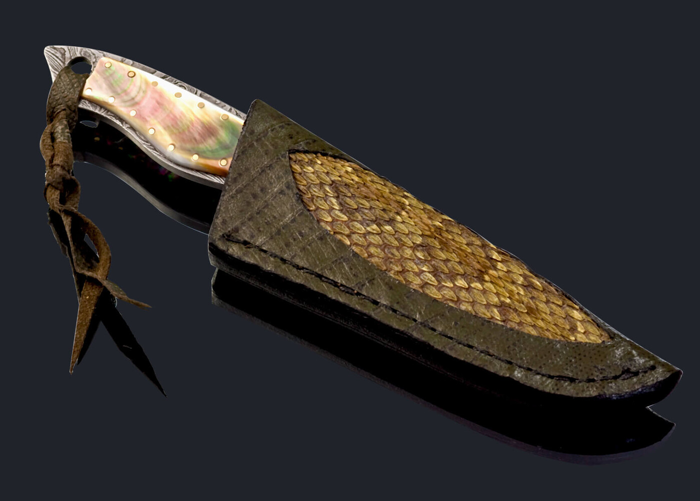 Black Lip Pearl and Damascus Dress Knife with Snake Sking Inlay Sheath