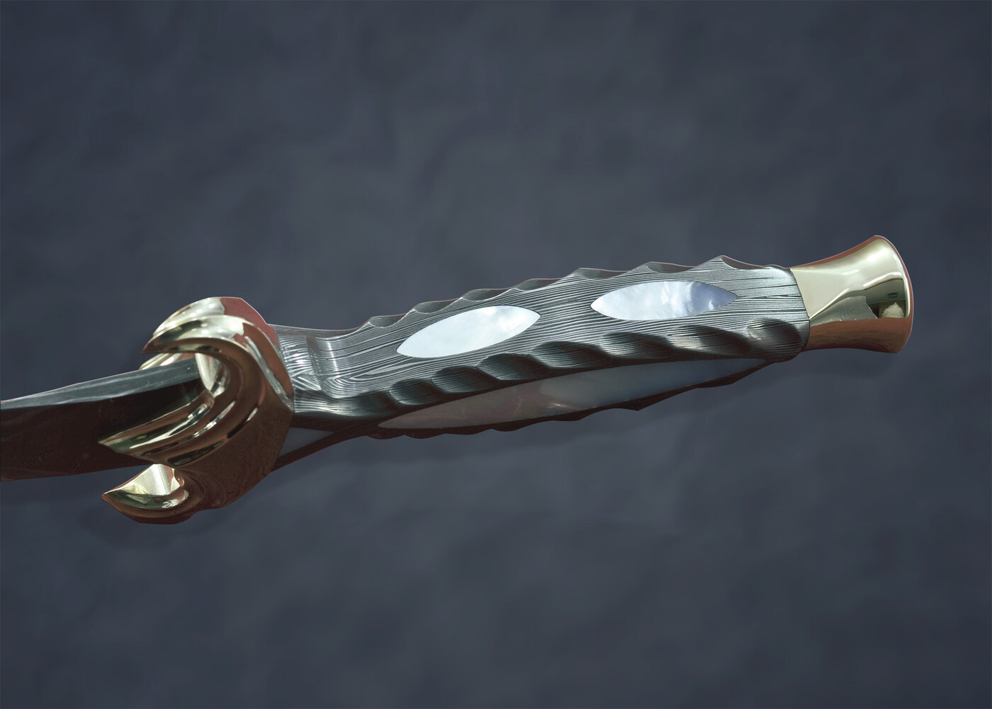 The Golden Dagger with Damacus blade and mother of pearl inlays side view