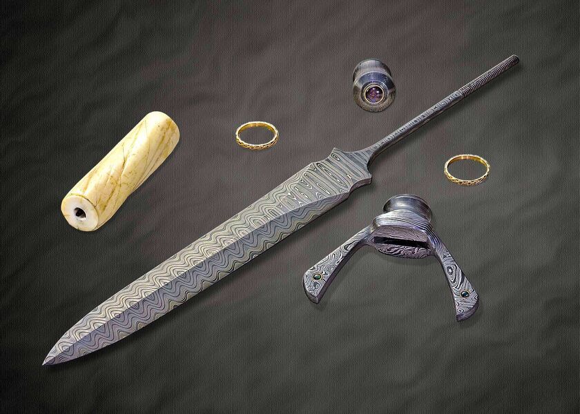 Hyperborian Damascus Dagger with Narwahl Tusk taken down