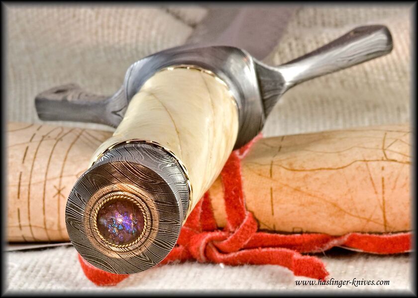 Hyperborian Damascus Dagger with Narwahl Tusk Ammonite Inlay