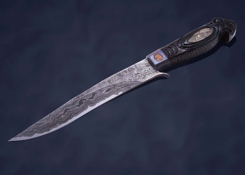 Skraeling Biter Damascus Fighter with carved raven pearl inlay