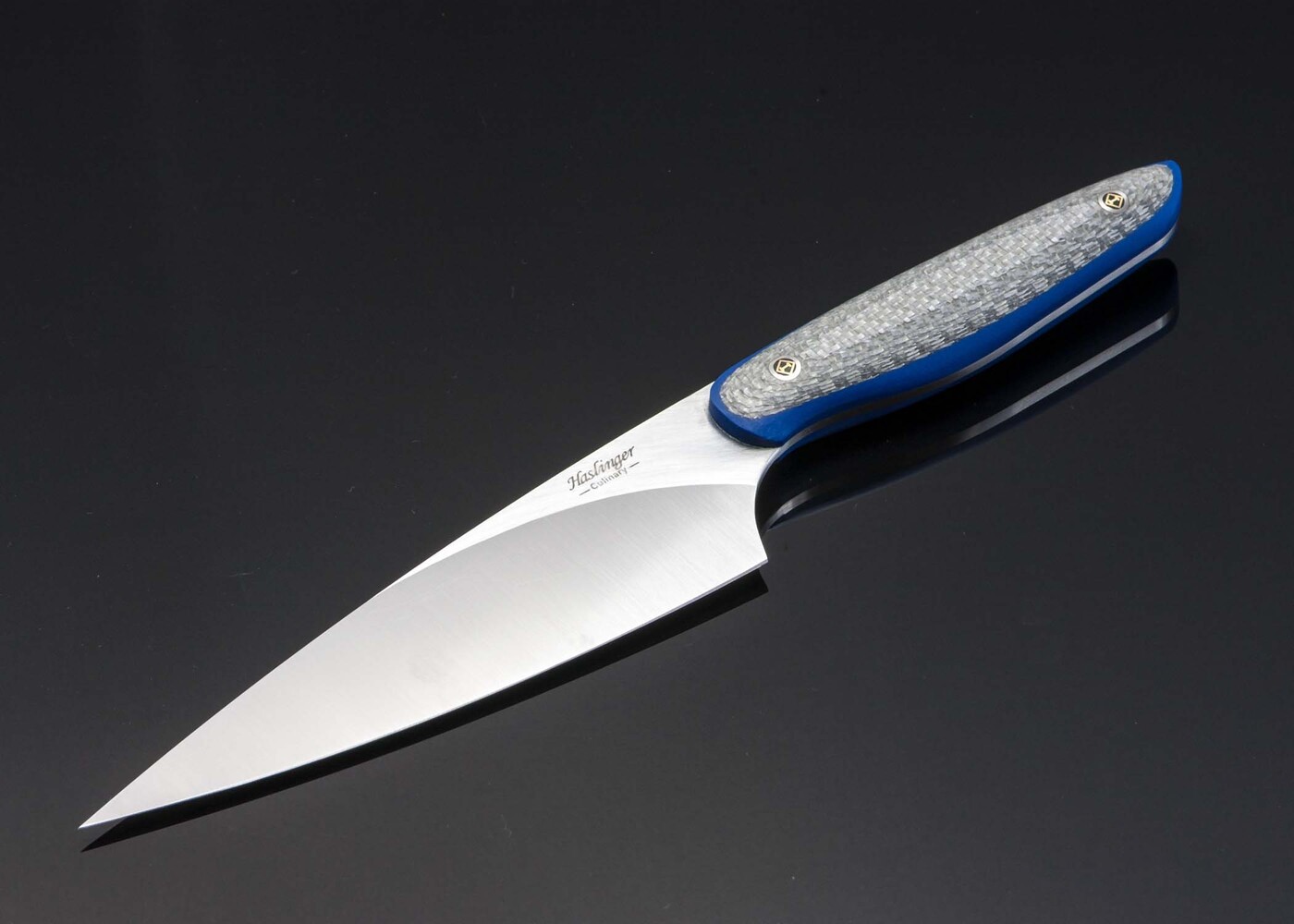 Stainless Chef knife with silver twill and blue G10