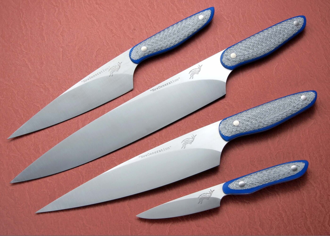 Stainless Chef knife set with silver twill and blue G10