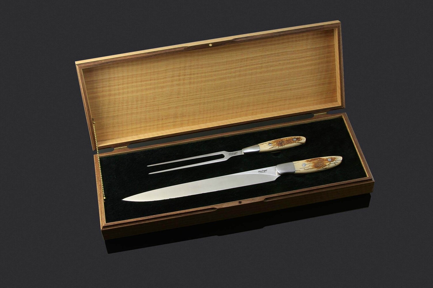 Mammoth Ivory and Stainless Steel Carving Set with wooden box open